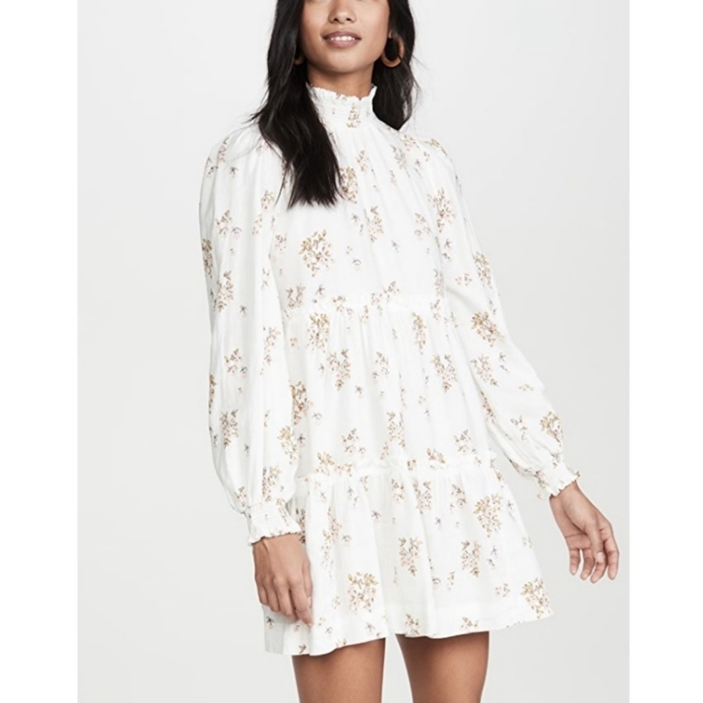 New Free People Petit Fours Mini Dress in Ivory High Neck Linen Cottagecore Med